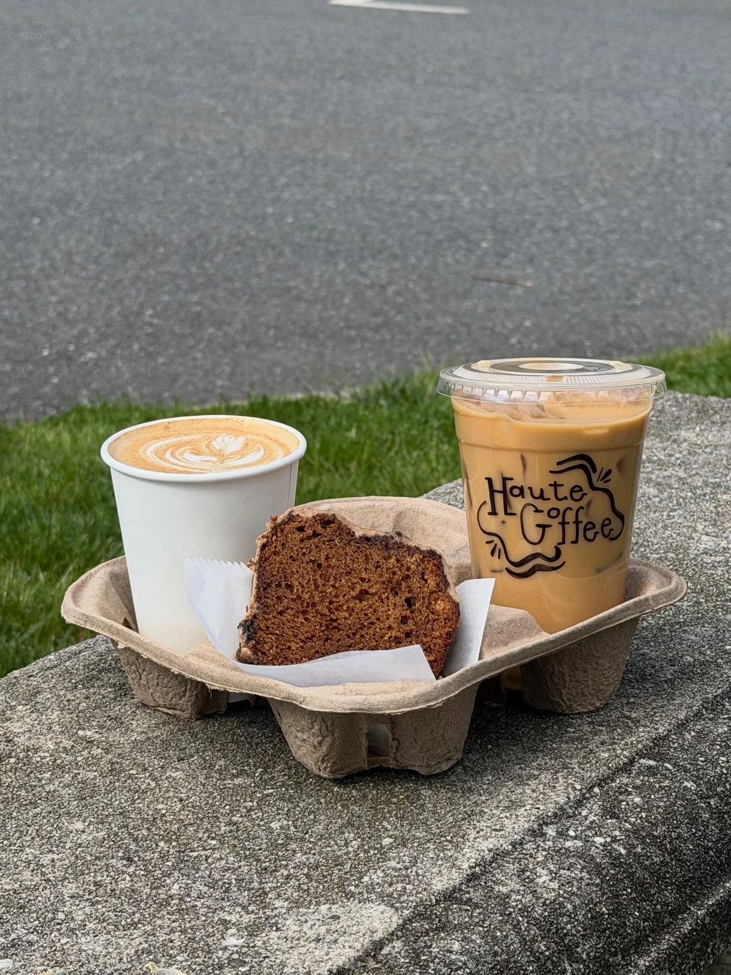 A little bit of everything Haute! 
Hot &amp; iced Haute lattes with our new Haute coffee cake! 🧡🍯