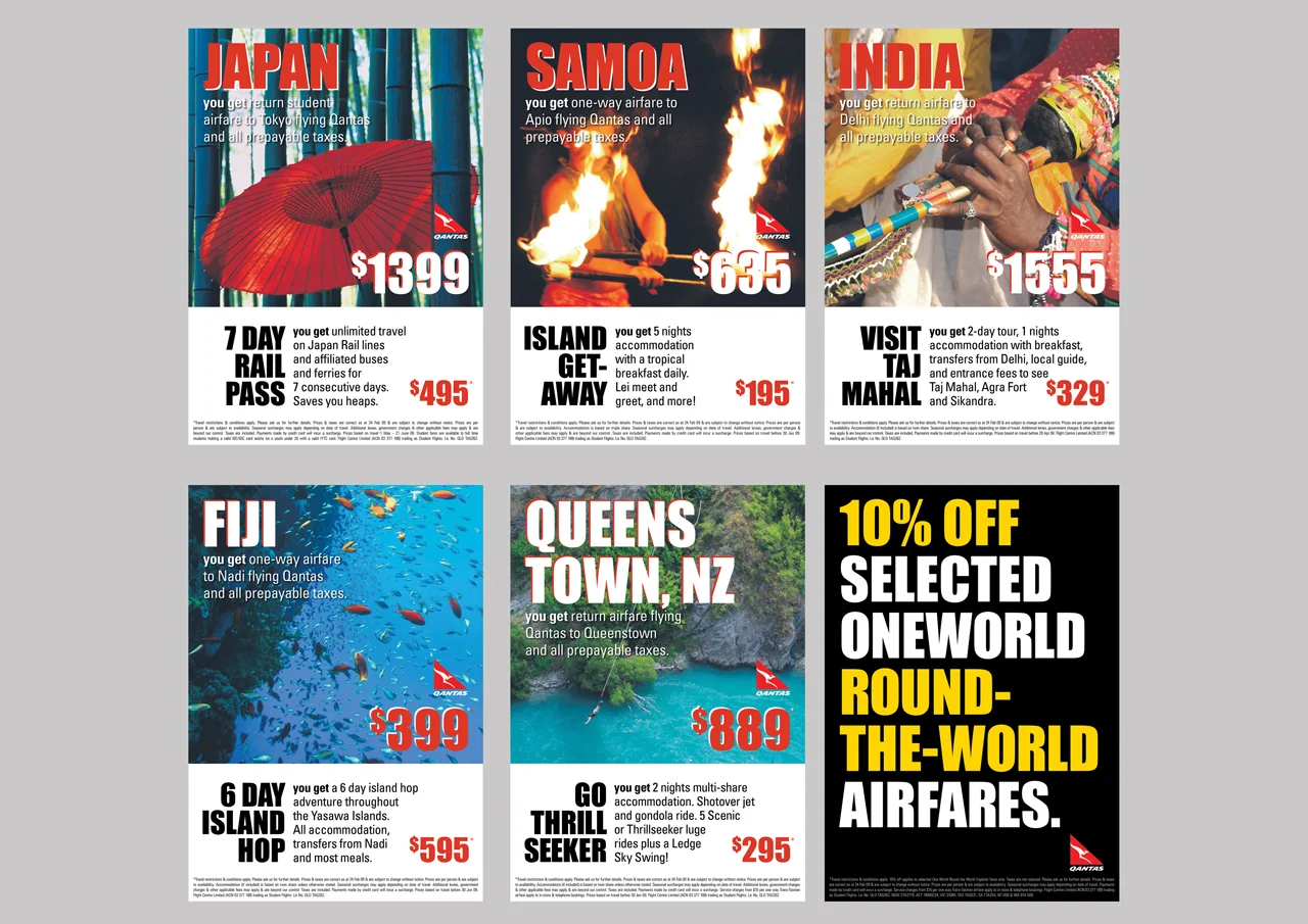 A closer look at one series of retail window boards for Student Flights.