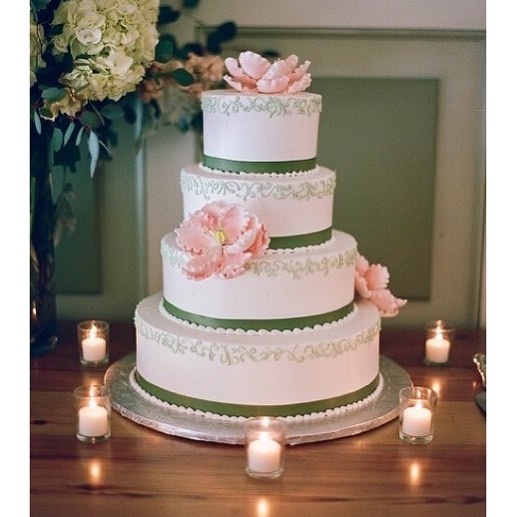 White Wedding Cake with Green Stripping and Pink Flowers.jpg