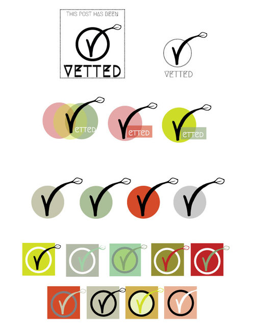 Comps for a badge system that "vets" (a play on Ivette Soler's name) certain products, blog posts and sites