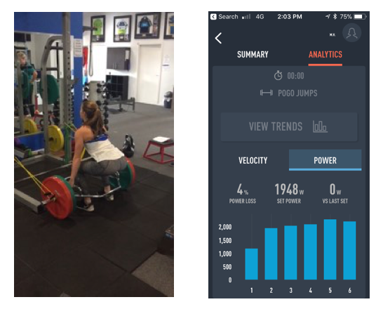 Figure 7: (Left) Hex Bar Deadlift; (Right) Corresponding Repeated Hop Metrics from PUSH iOS App