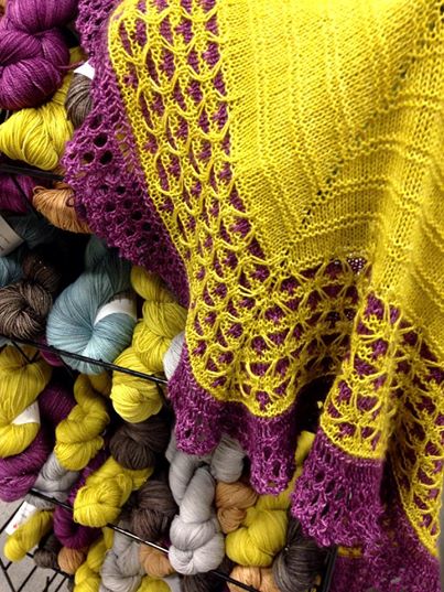 Our new color display in the booth at TNNA, with the Maragon shawl!