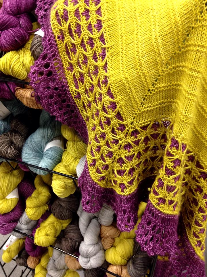 Our colorways from January's TNNA - the shawl is in Temperance and Prudence, and on the rack you can see Gravity, Nimbus, Penny, and Sexy.