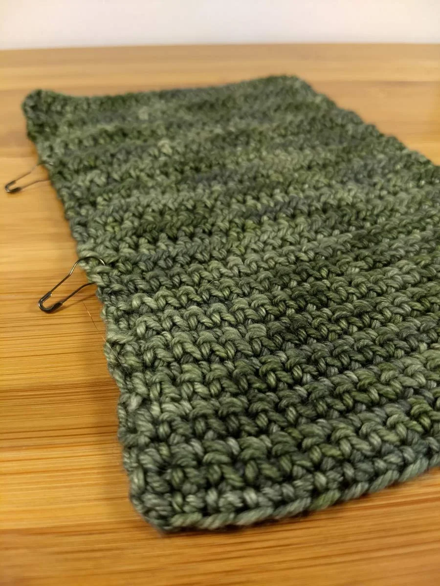 A swatch of For Better or Worsted beginning with single crochet and progressing through half-double and double crochet.