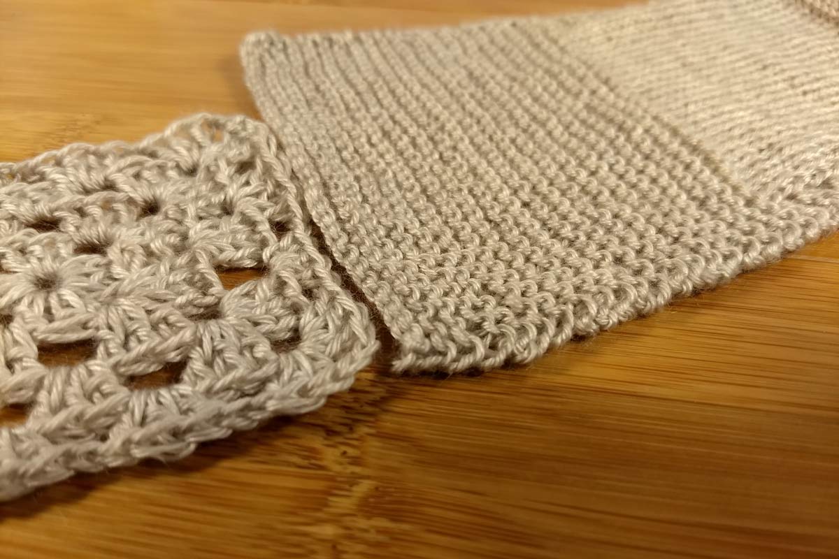 Milky Way granny square swatch next to garter stitch.