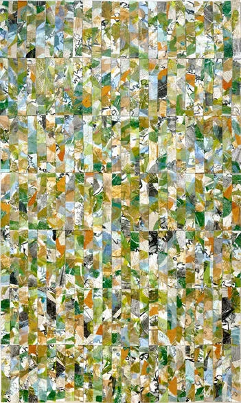 Ground and Sky Peg Gignoux Textile collage: oil on tissue, vintage books, silk, wax pastels. Machine and hand stitched. 72” x 40” Photograph by: Peter Geoffrion