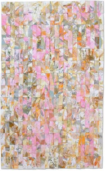 Marguerite Jay Gignoux Garden Pinks Oil on tissue, hand made papers, vintage books, silk, ink, paper thread, machine and hand stitched on paper 68" x 42"