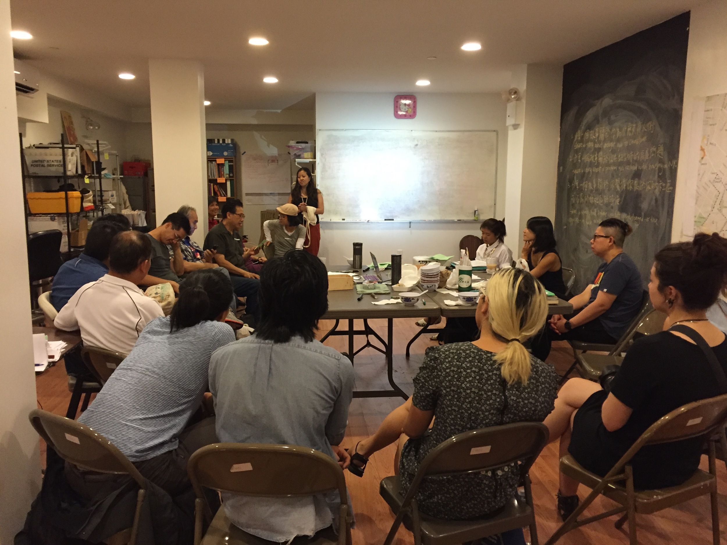 Here to Stay summer workshops at the CAAAV offices have begun, with members of the Chinatown Tenants Union and Chinatown Art Brigade volunteers gathering to discuss ways to support the Chinatown Working Group's rezoning plan. 