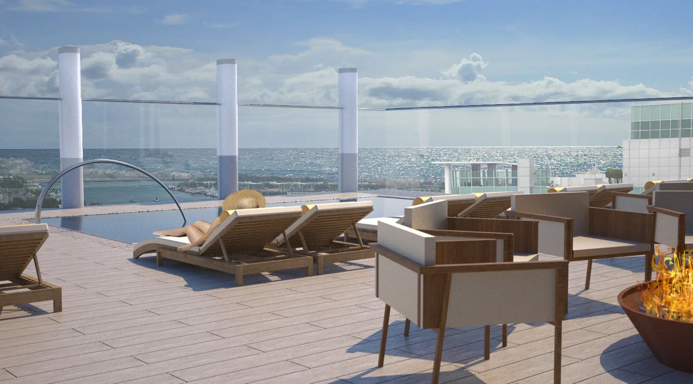 Rooftop lounge overlooking the Pacific Ocean