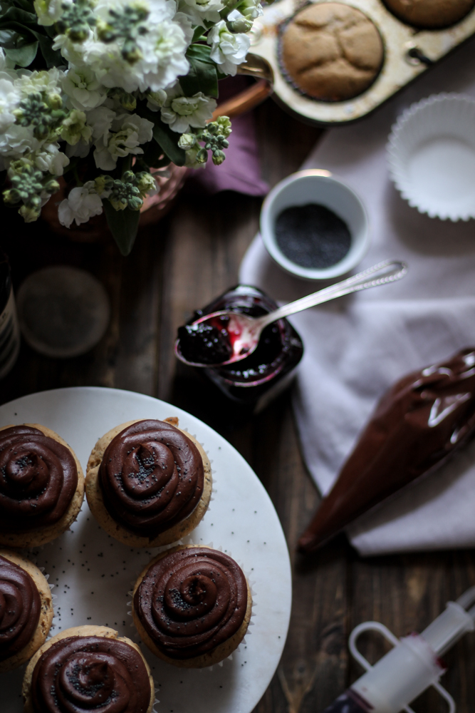 Earl Grey Poppy Seed Cupcakes with Blackberry Jam & Rich Chocolate Buttercream {Pedantic Foodie}