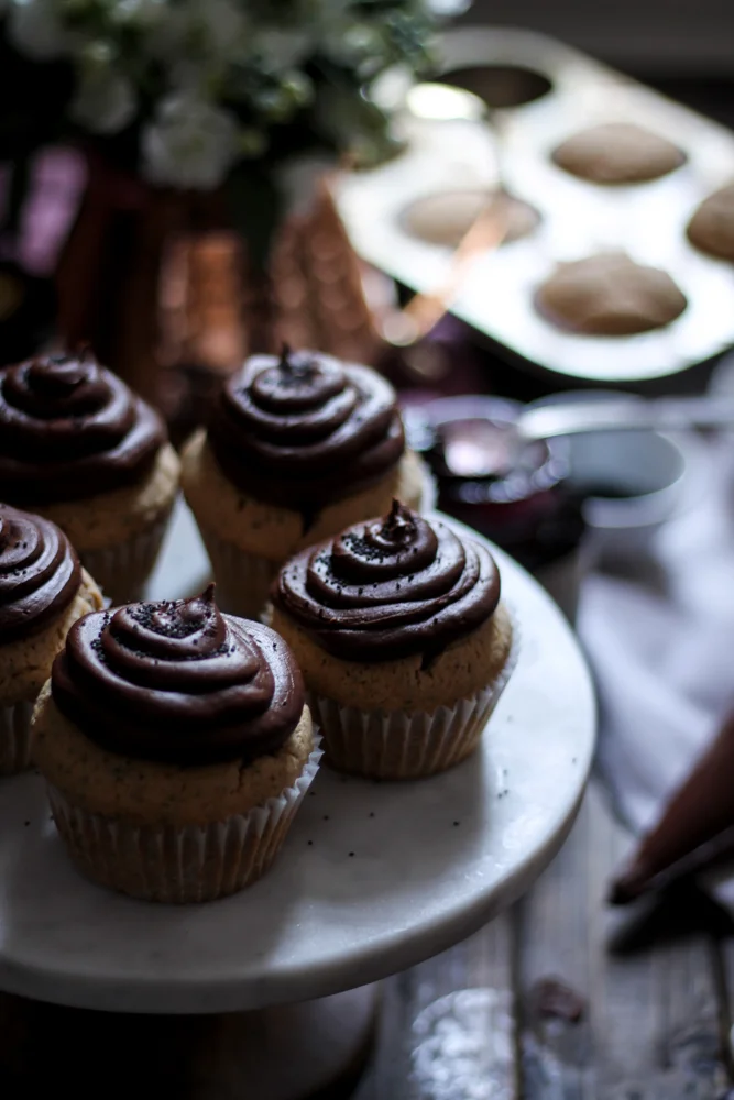 Earl Grey Poppy Seed Cupcakes with Blackberry Jam & Rich Chocolate Buttercream