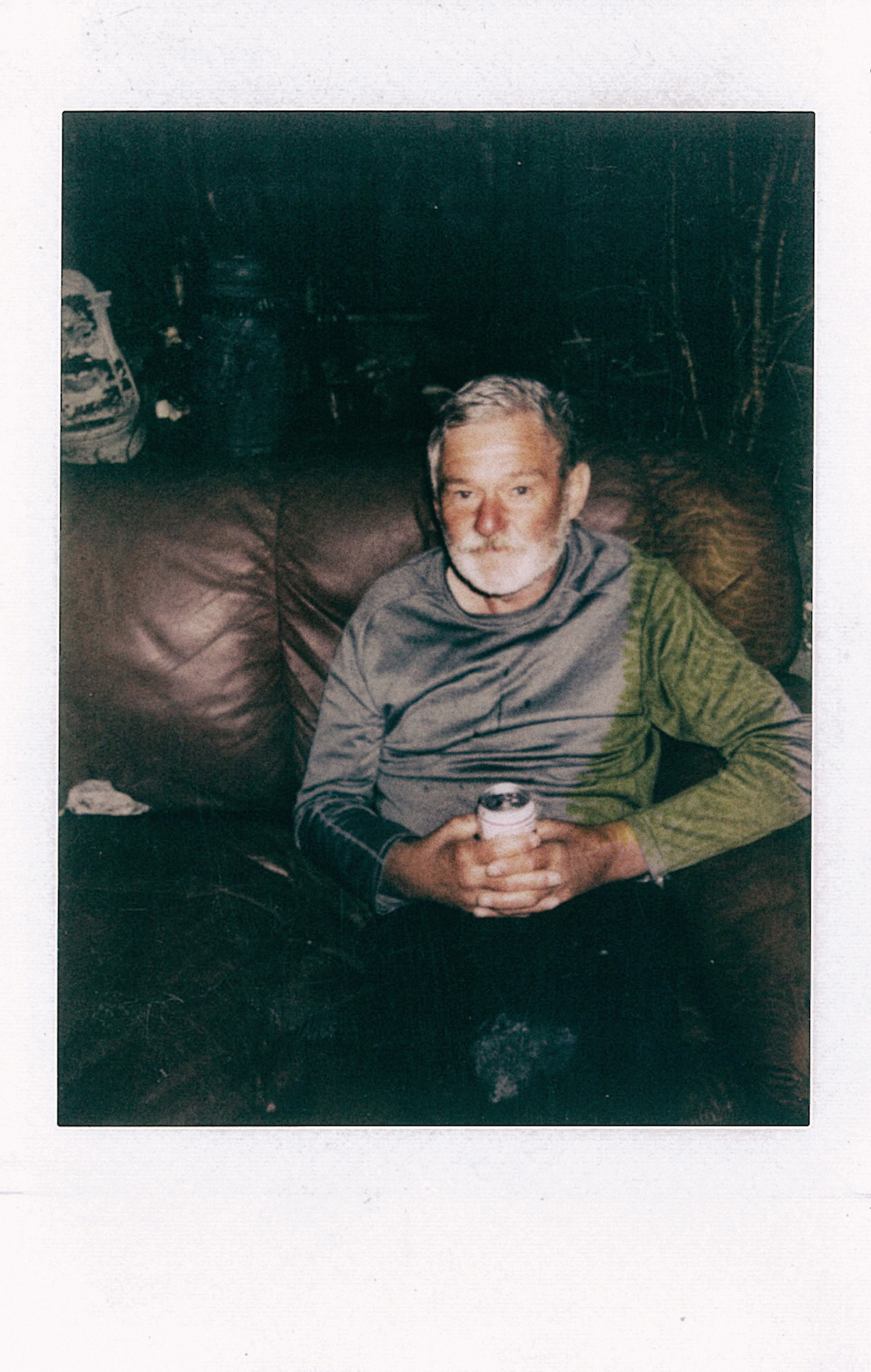   This is Richard. Drinking complications has lead to Richard being incontinent, meaning, he cannot hold in his drink.&nbsp;I gave him this polaroid, but found it a few days later in the couch with the yellow stain across his sleeve...someone had spi