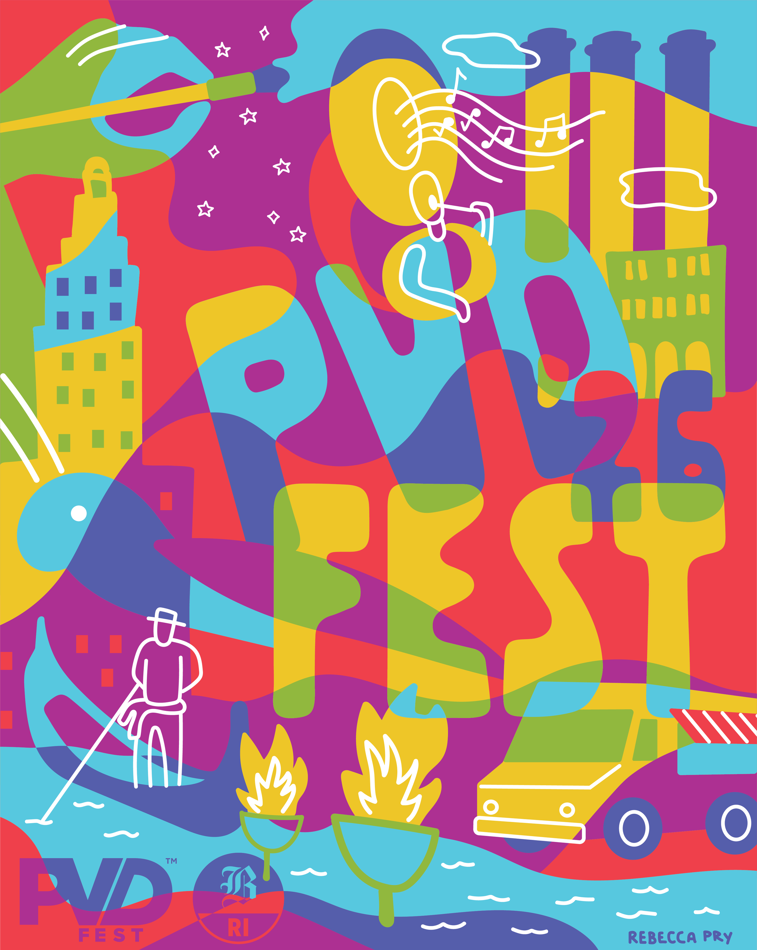 2026 PVDFest Poster design of Providence RI landmarks in a vibrant and colorful digital design.