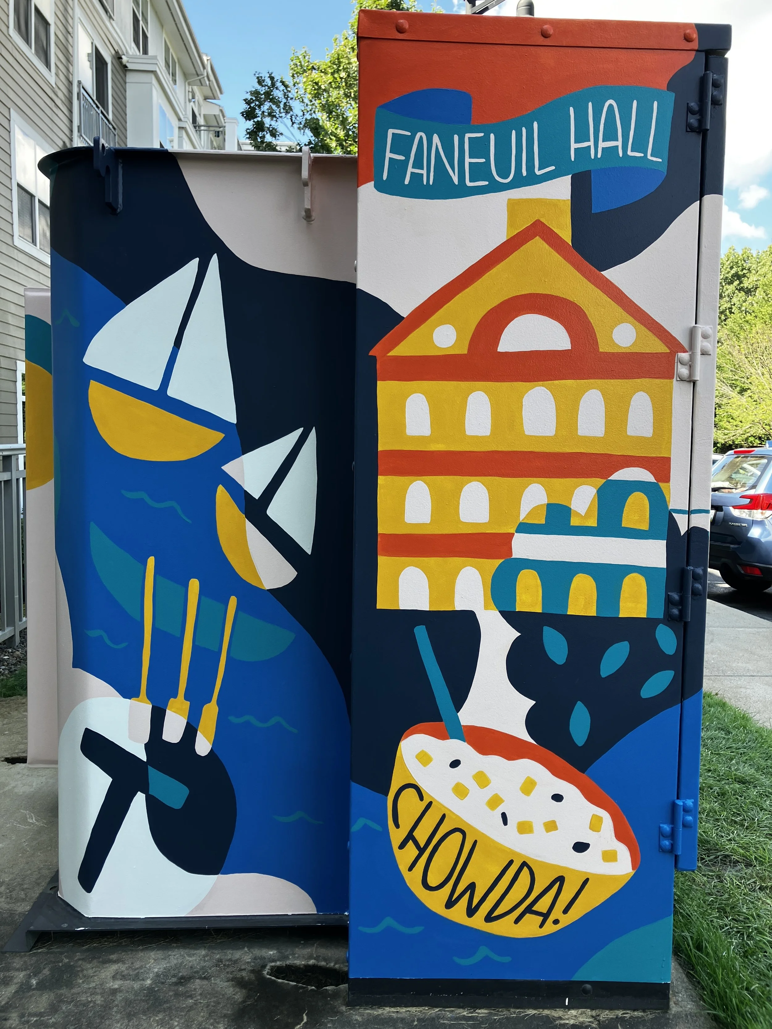 Hand painted utility box mural of Boston landmarks for Watertown Mews apartment complex in Watertown, MA. 
