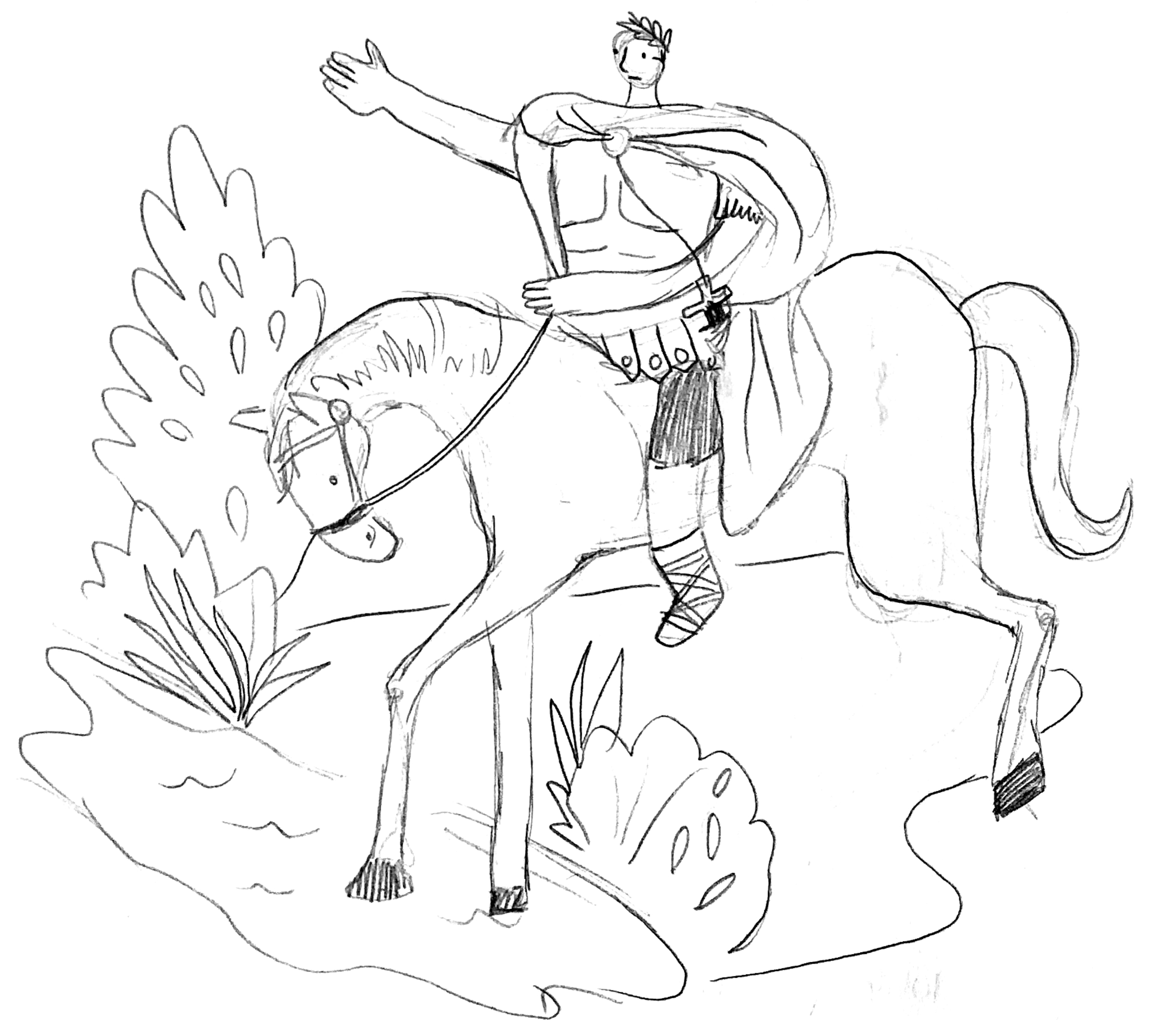 Pencil sketch of Julius Caesar riding on a horse for a book project.