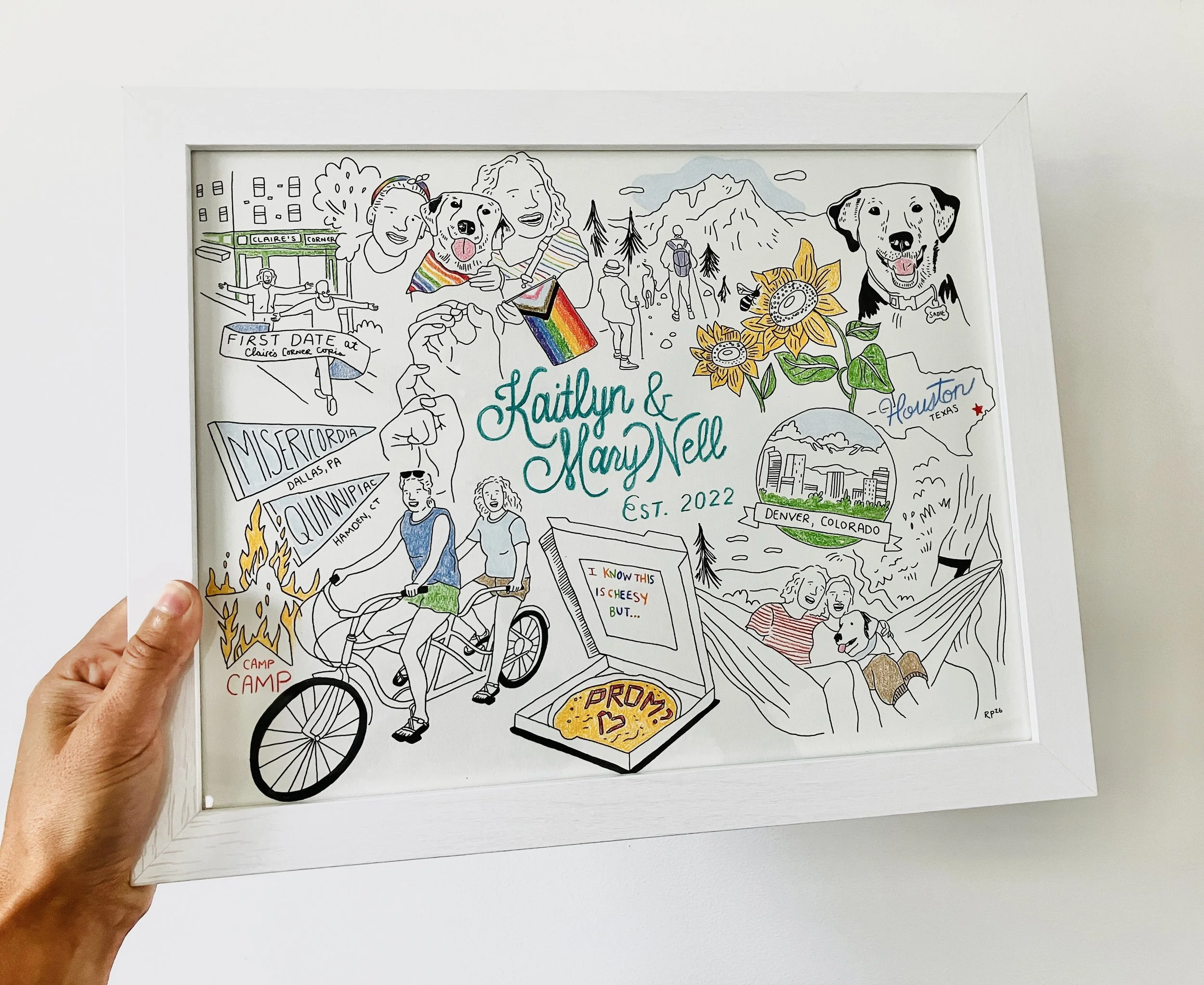 Hand drawn commissioned pen and ink and colored pencil illustration for an engagement.