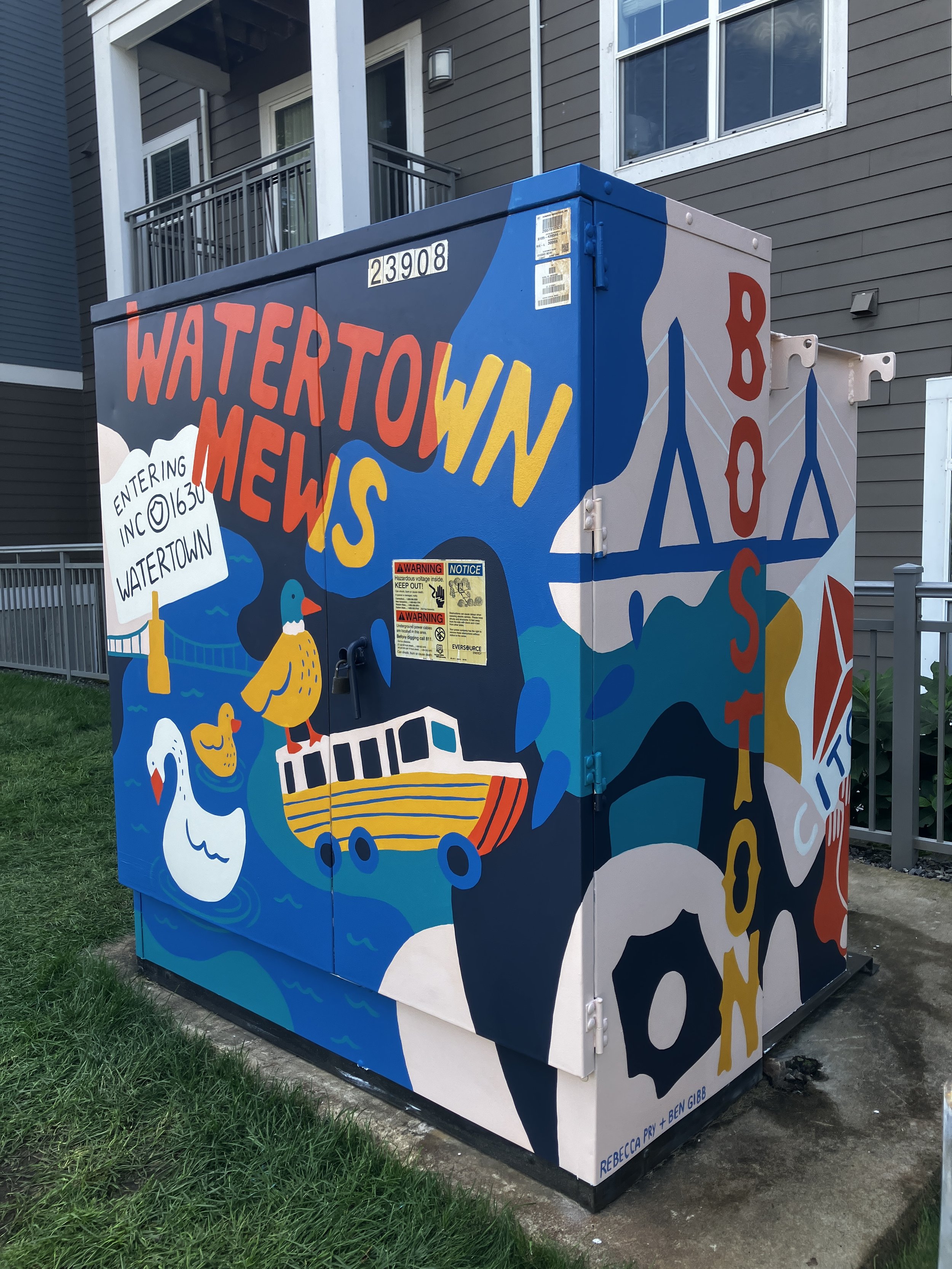Hand painted utility box mural highlighting Boston landmarks for the apartment complex Watertown Mews in Watertown, MA. 