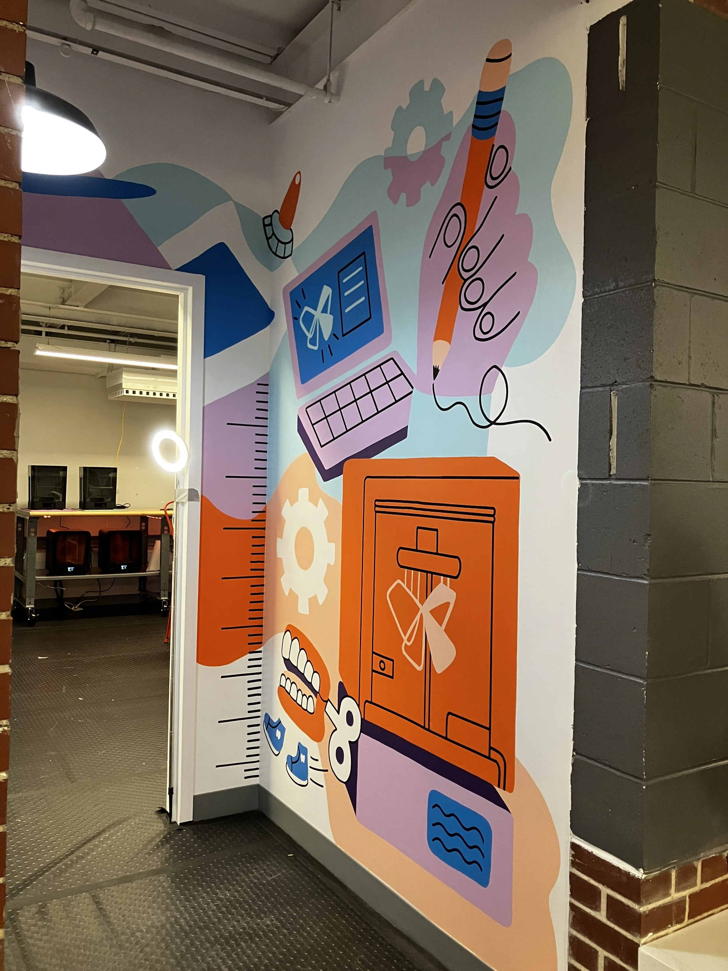 Hand painted Form Labs large scale mural for office Maker's studio in Somerville, MA.