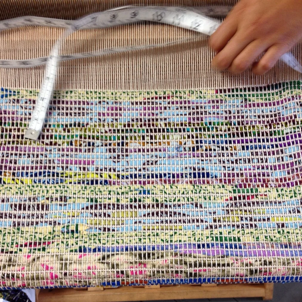 Cut fabric scraps from Osei Duro on the loom at Weaving Hand in Brooklyn.