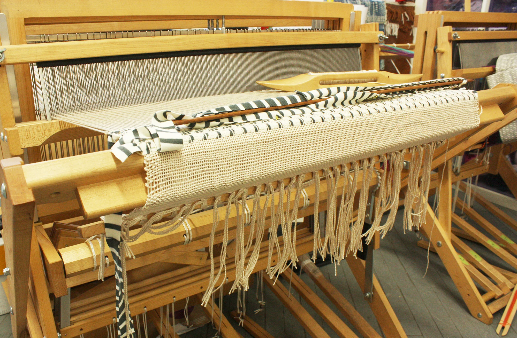 Dressed loom, ready to start weaving with the scrap "yarn".