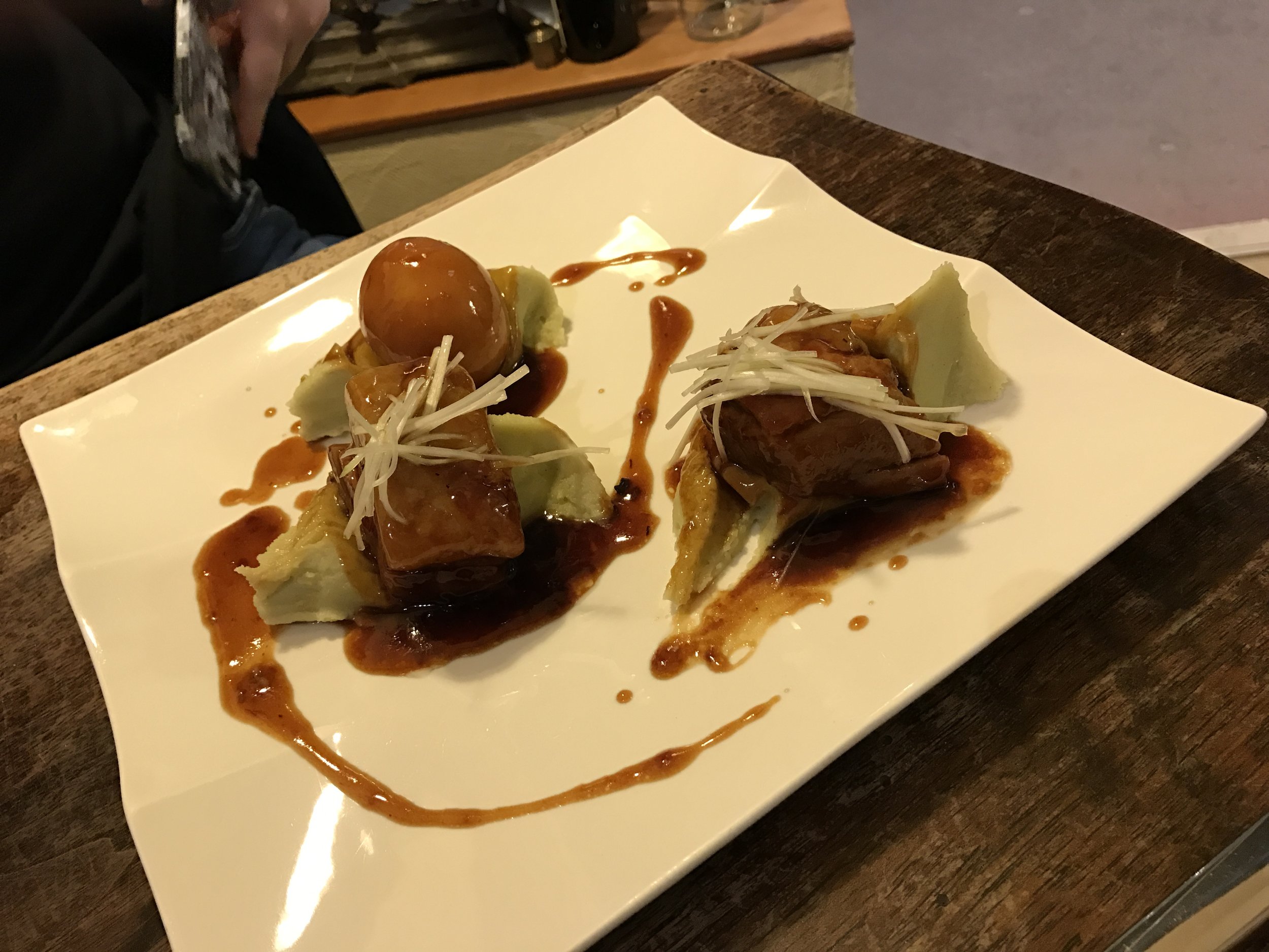 Pork belly and wasabi potatoes at La Lune