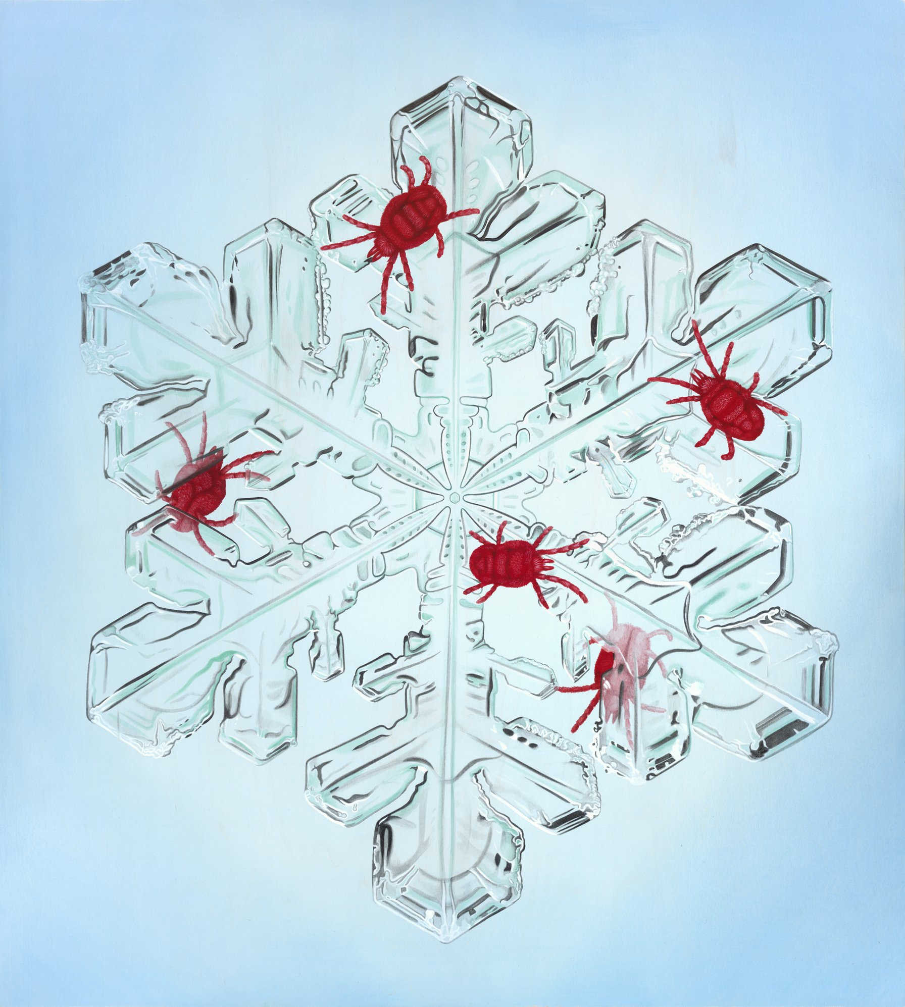 Velvet Mites on a Snowflake 26 3/4” x 24”, acrylic on maple panel wood, 2012 