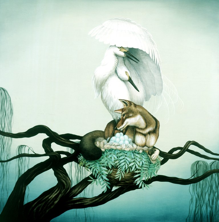 Untitled (Egrets and Fox), 47” x 47”, acrylic on maple panel, 2006