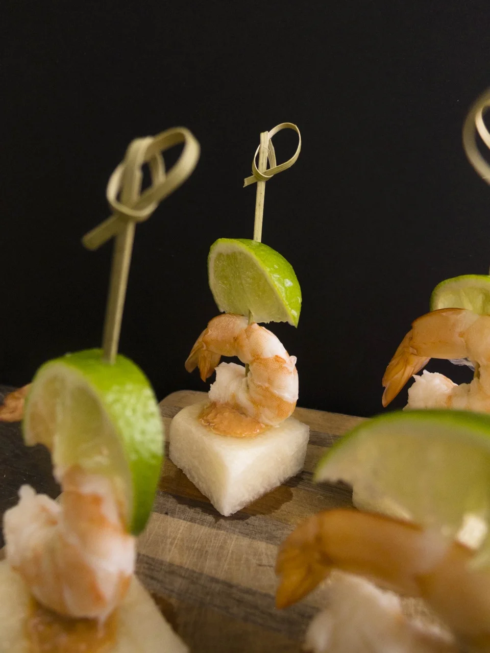Shrimp and jicama appetizers with light coconut water peanut sauce