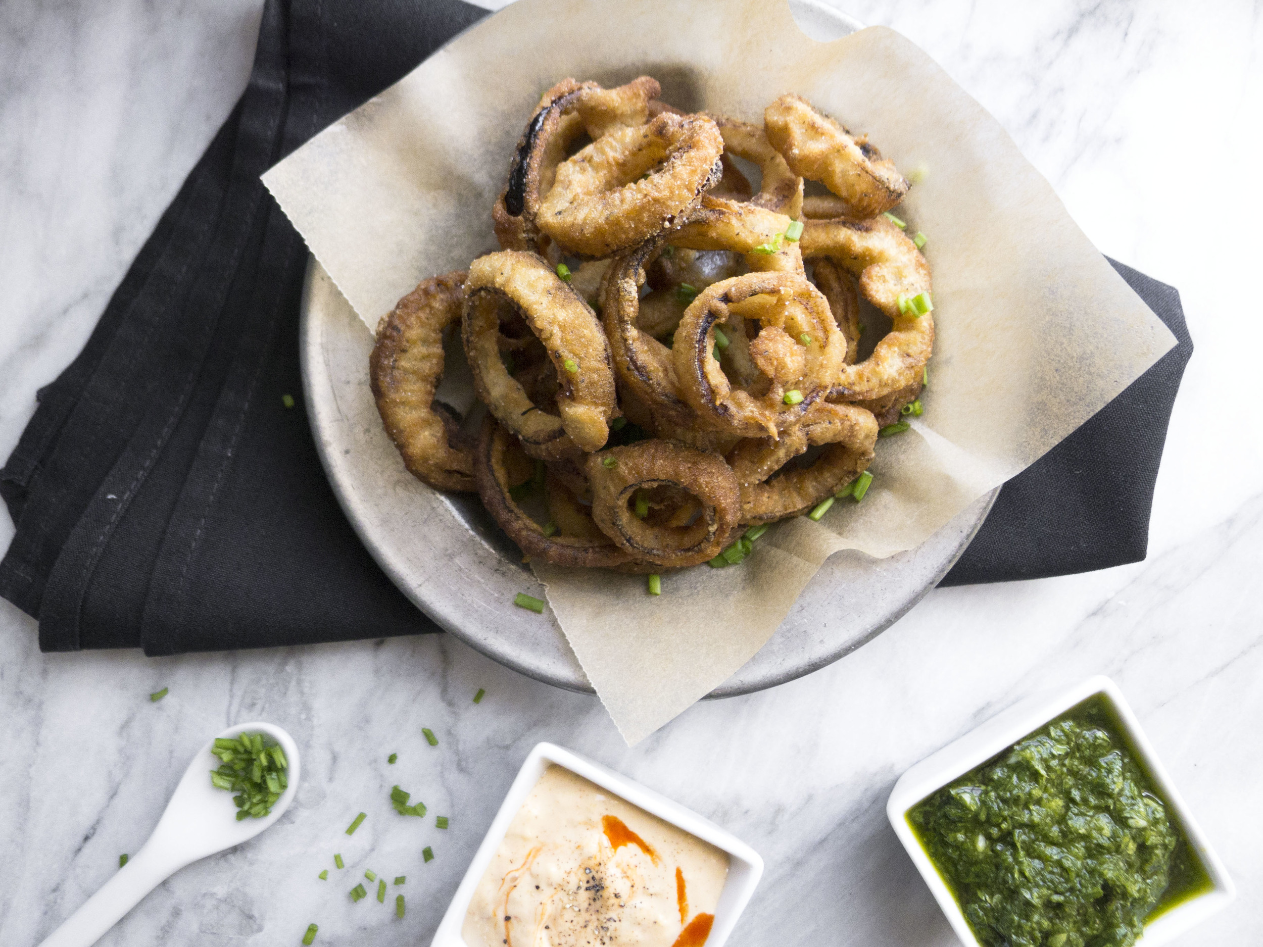 March Madness Onion Rings with Two Dips