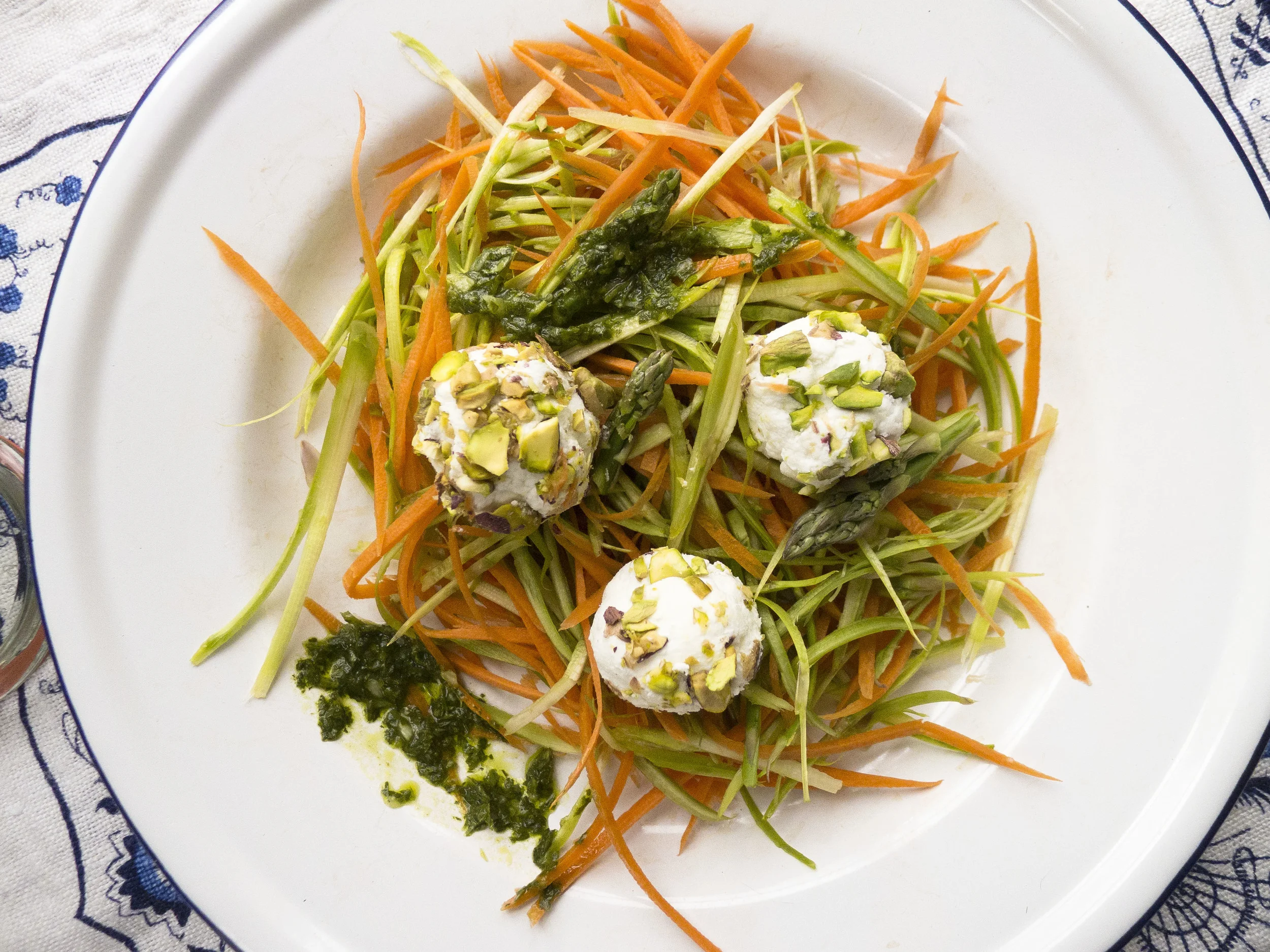 Spring Vegetable Noodles with Goat Cheese and Herbs