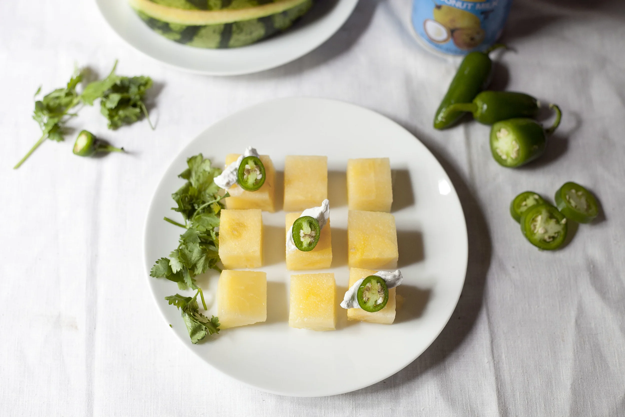 Watermelon Jalapeño Cubes with Coconut Whipped Cream