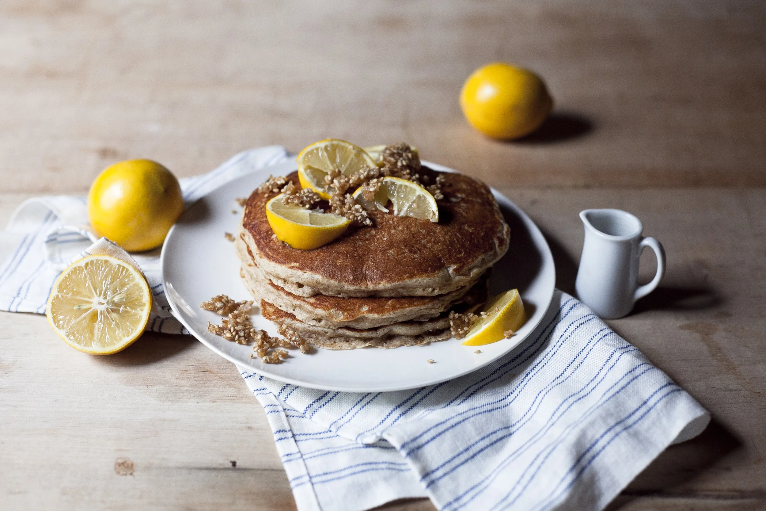 Whole Wheat Meyer Lemon Pancakes with Sesame Brittle