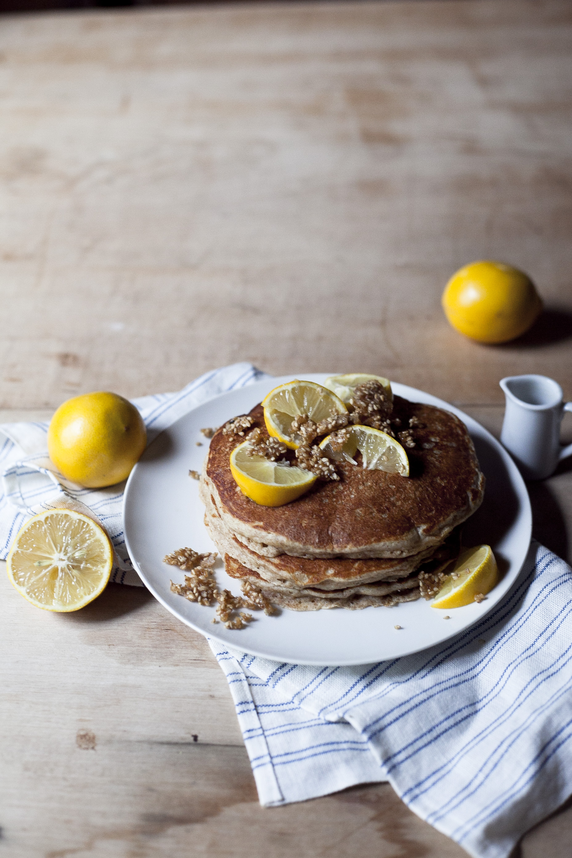 Whole Wheat Meyer Lemon Pancakes with Sesame Brittle