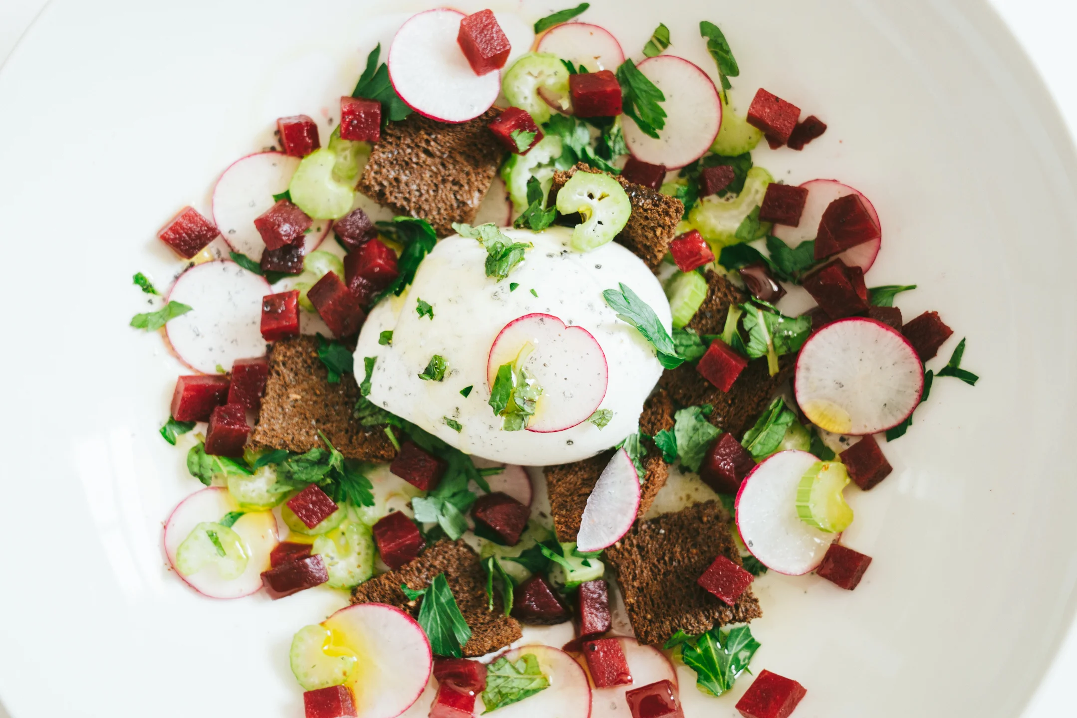 Radish and Rye Burrata Salad 