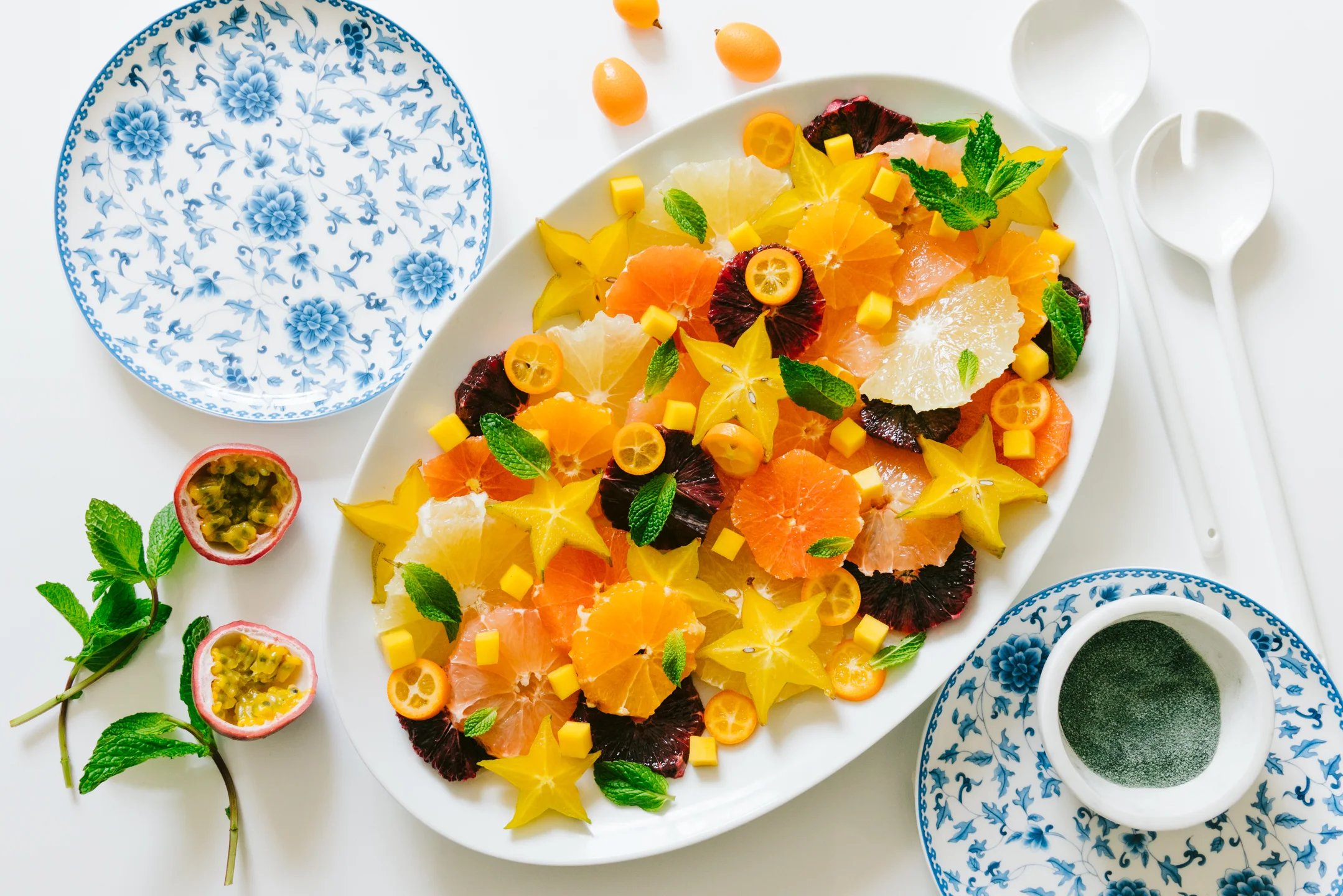 tropical winter fruit salad with spirulina sugar