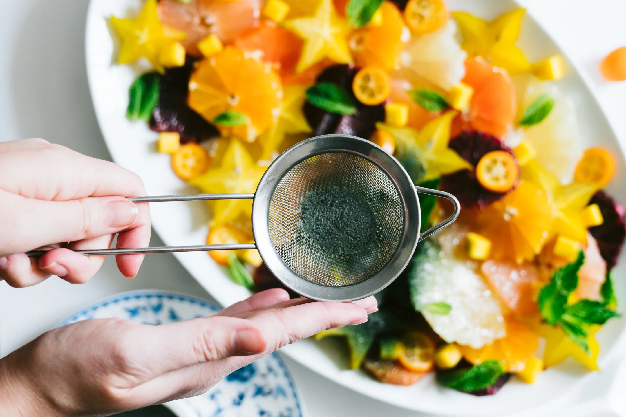 tropical winter fruit salad with spirulina sugar