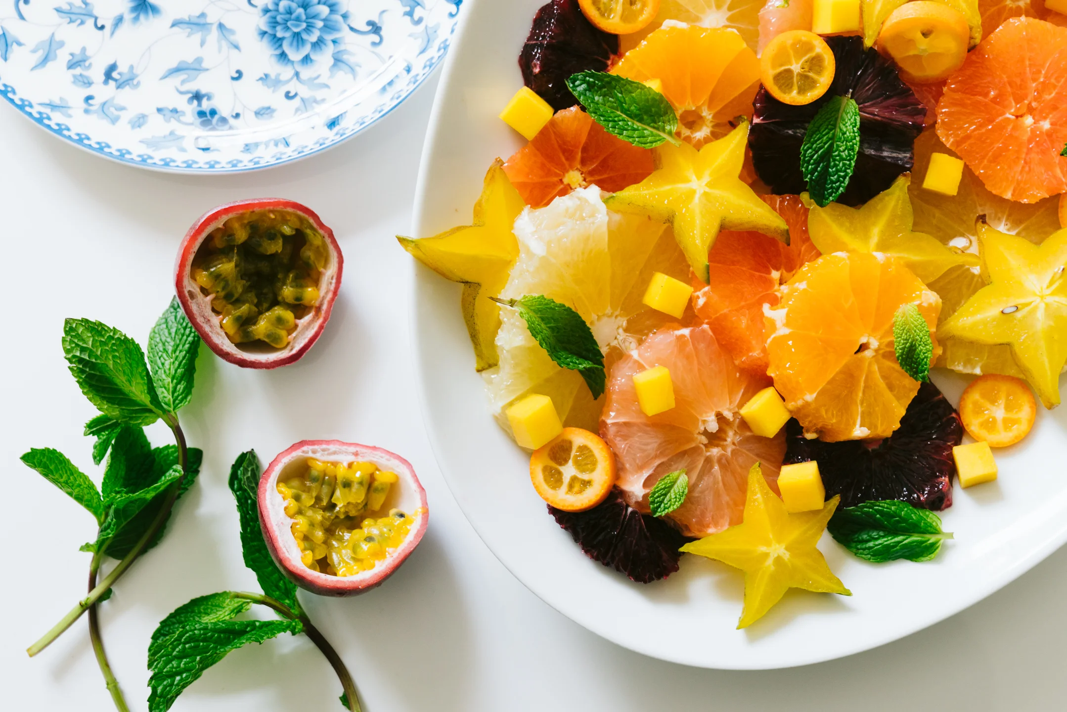 tropical winter fruit salad with spirulina sugar