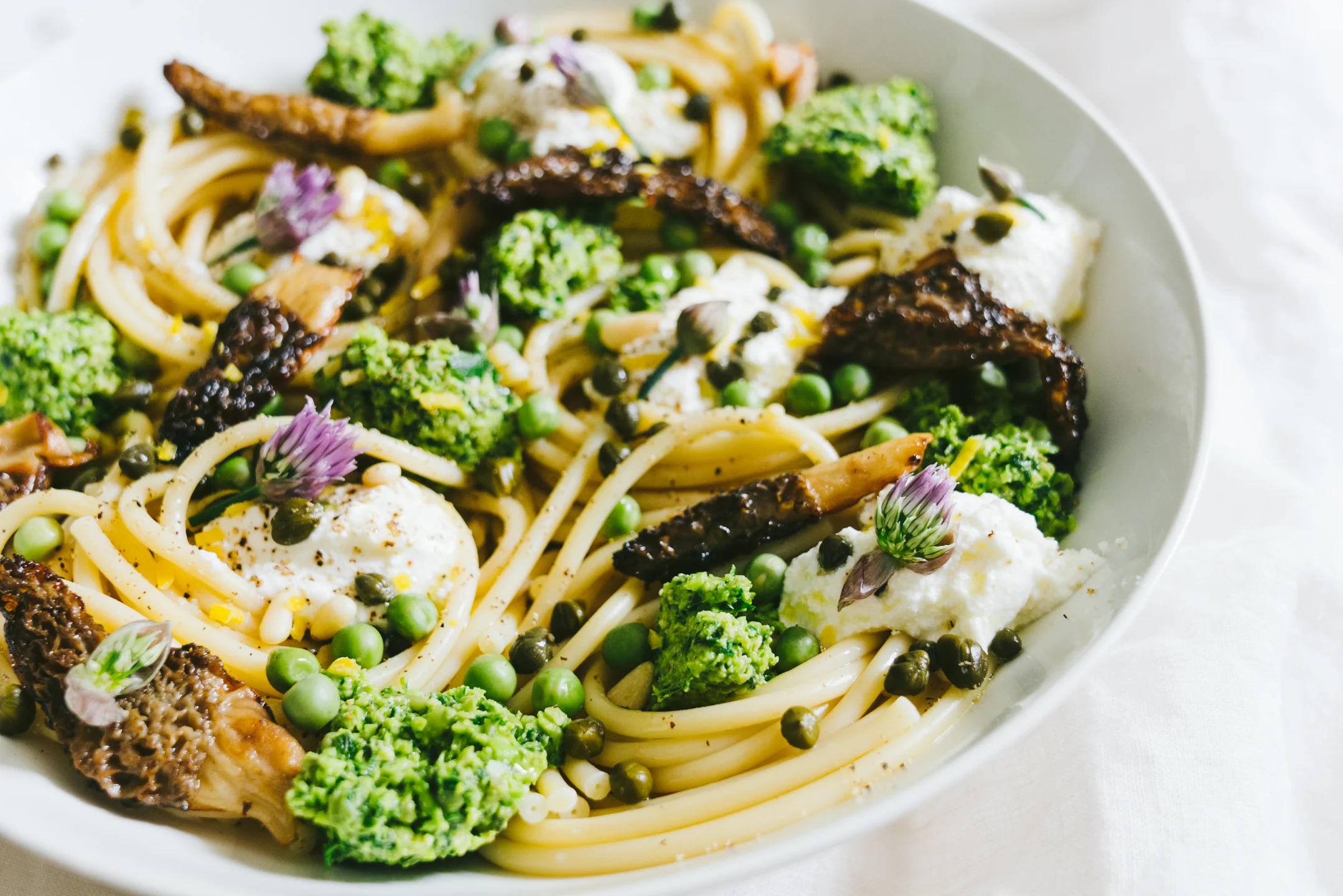 Spring Pea Pesto Bucatini with Morrells, Ricotta and Capers — OhCarlene