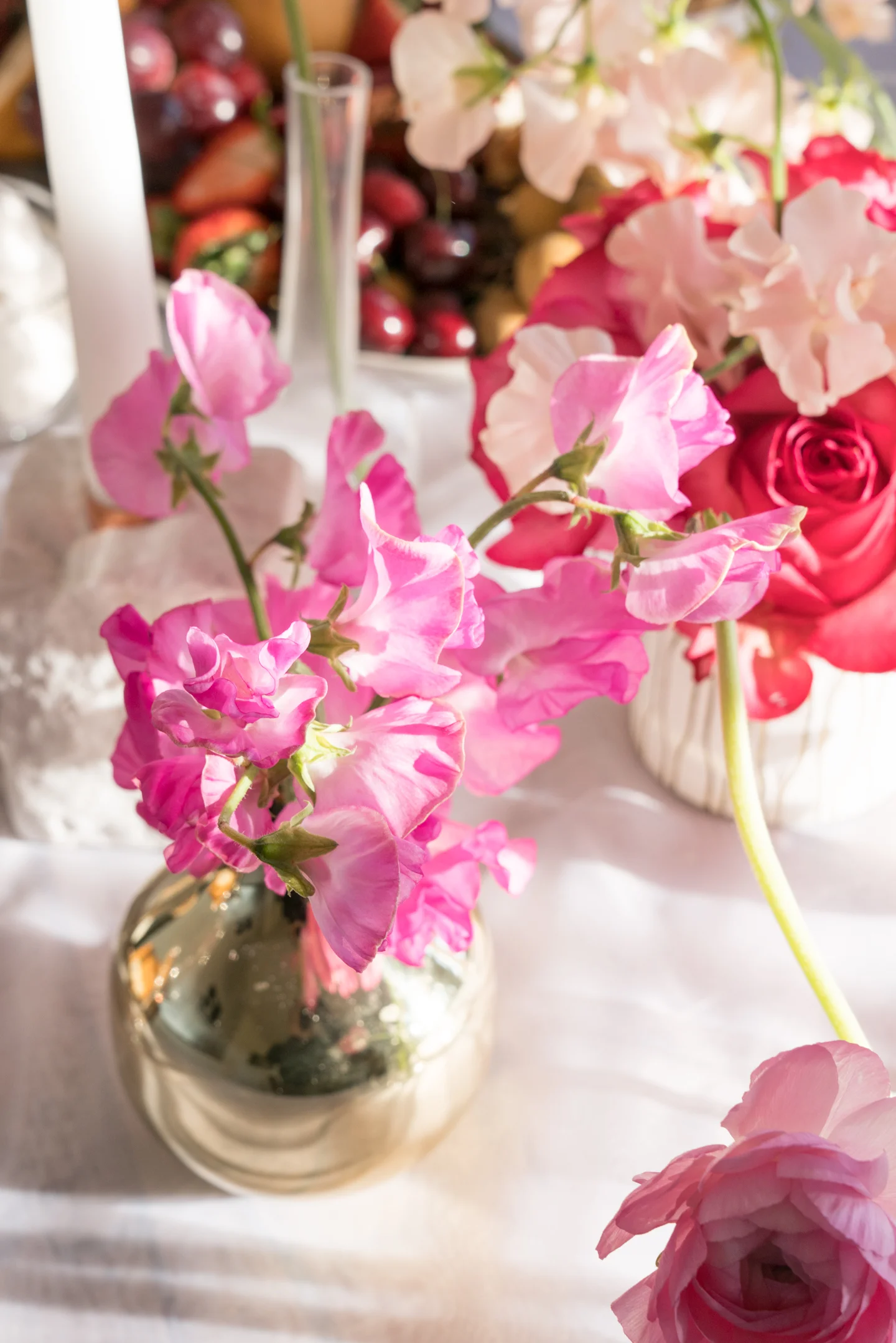 Pinks and Reds Food and Flowers Tablescape: Valentines Day