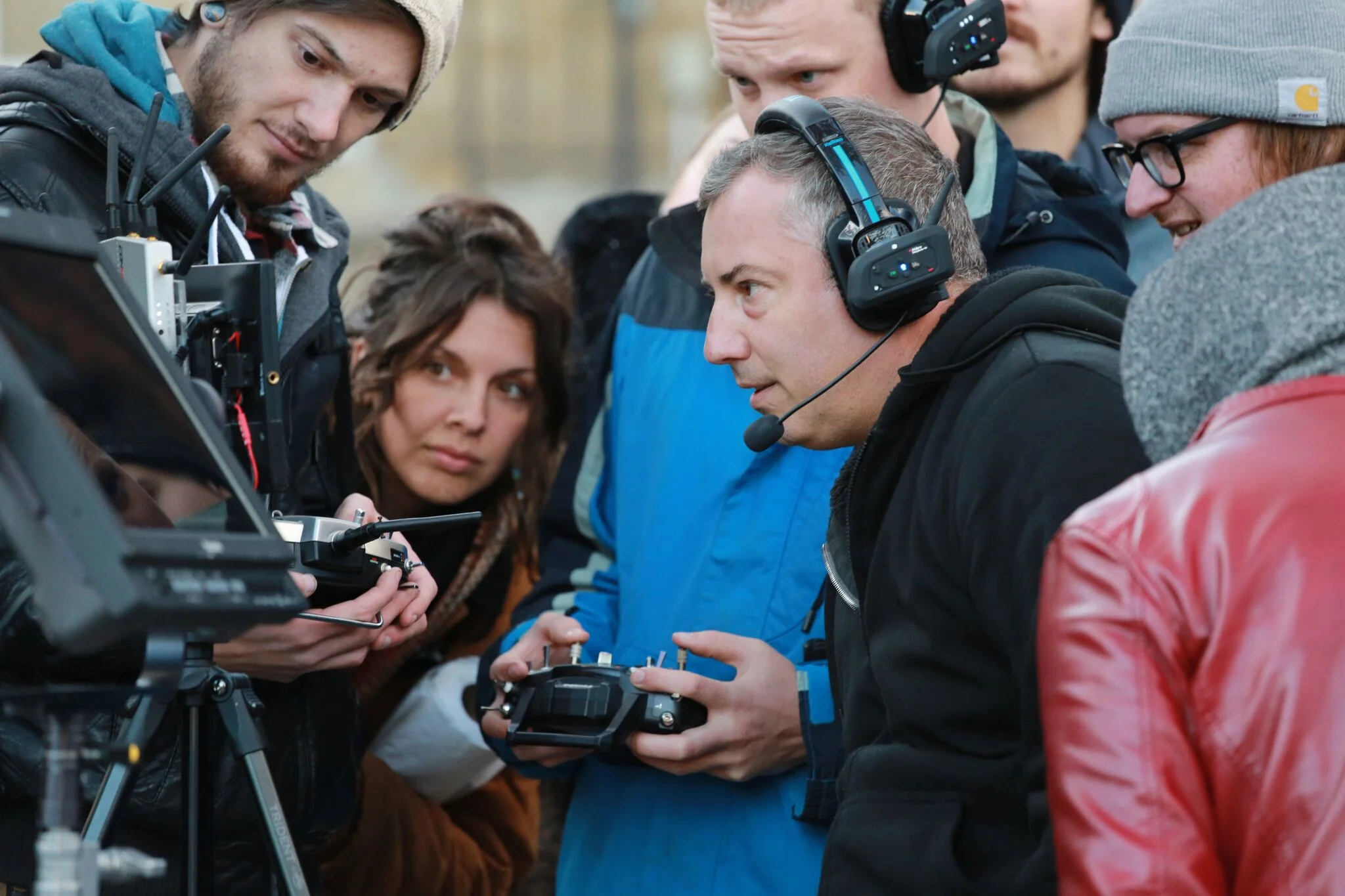 Sokolowski pictured center on the set of 22 Chaser. Photos provided by Ramona Diaconescu and Maloney Aguirre.
