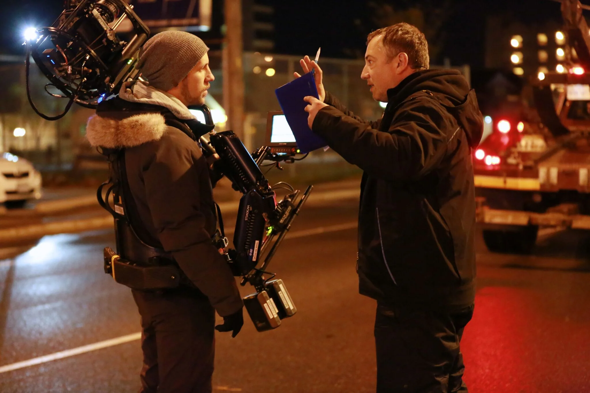 Sokolowski pictured right on the set of 22 Chaser . Photos provided by Ramona Diaconescu and Maloney Aguirre.