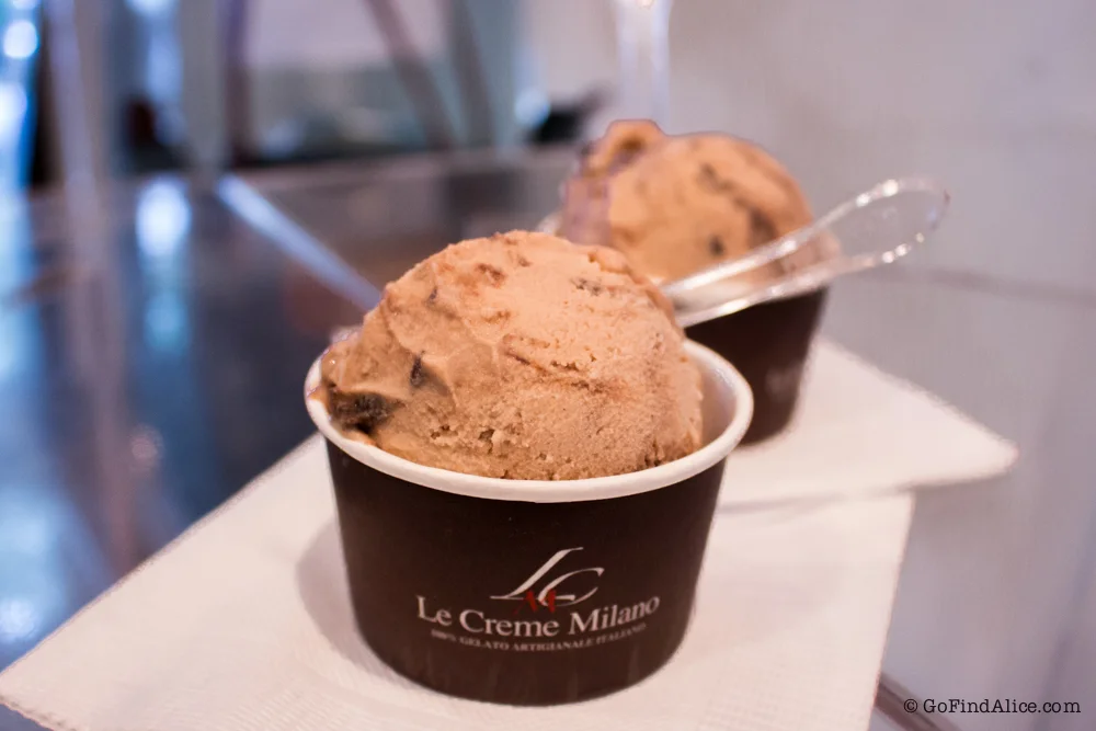 Two XS cups of "Le Creme Milano" (hazelnut, Ferrero Rocher, Nutella chocolate mixing)