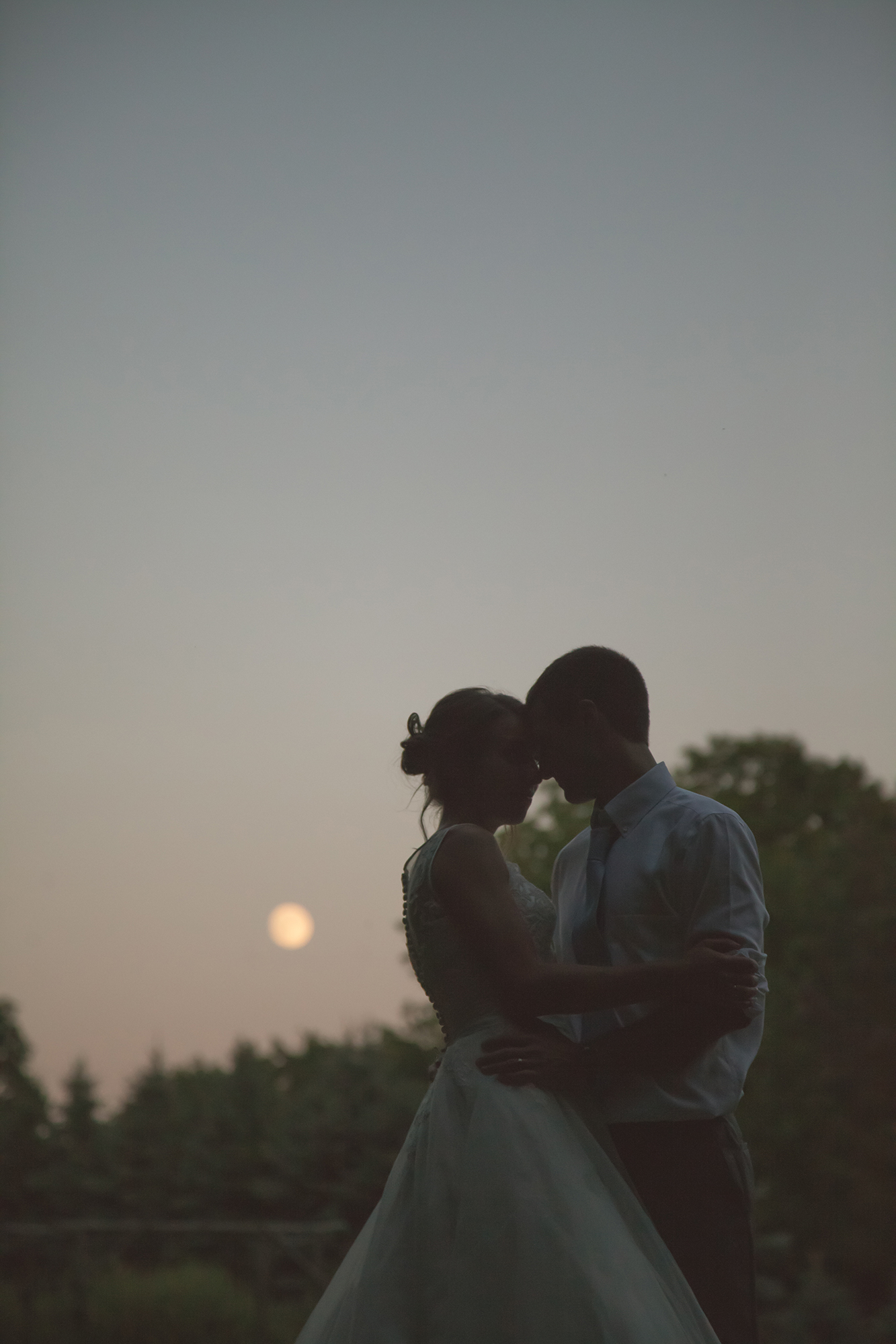  Wedding photography in Buffalo, NY of bride and groom at dusk under full moon. 