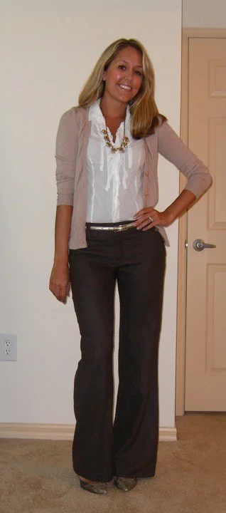 Cardigan: LOFT, $20 Necklace: J.Crew, $40 Shirt: Express Belt: The Limited, $20 Pants: Banana Republic, $50 Shoes: Boutique 9, $70