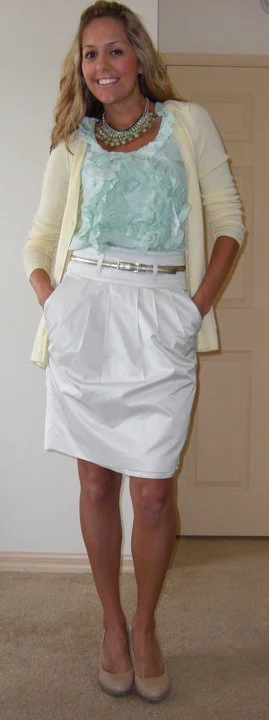 Shirt: Banana Republic, $35 Necklace: Banana Republic, $40 Cardigan: Banana Republic, $13 Belt: The Limited, $20 Skirt: Banana Republic, $40 Shoes: Banana Republic, $22
