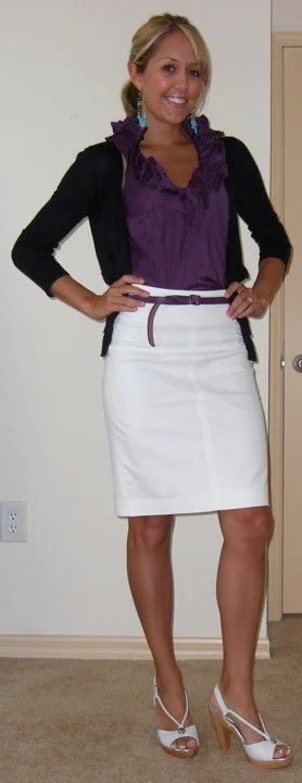 Shirt: Limited, $30 (with coupon) Navy cardigan: Gap, $20 (on sale) Earrings: Banana Republic, $25 (with coupon) Belt: Gap, $1 (with coupon) Skirt: Banana Republic, $35 (with coupon) Shoes: Banana Republic, $20 (on sale)