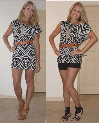Two more ways to wear H&M tunic, $5. Necklace: Banana Republic, $13 (online now) Belt: Gap, $40 Left: Shoes, DSW/Chinese Laundry, $40 Right: Shorts: Forever 21, $22, Shoes: Aldo, $75