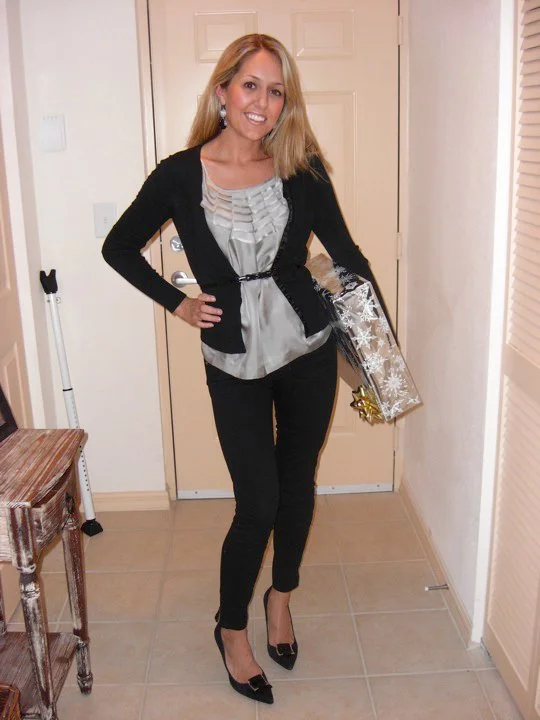 Shirt: Banana Republic, $35 Earrings: Banana Republic, $25 Sweater: Express Belt: Express Black skinny jeans: Gap, $30 Shoes: Filene's Basement, Calvin Klein $40