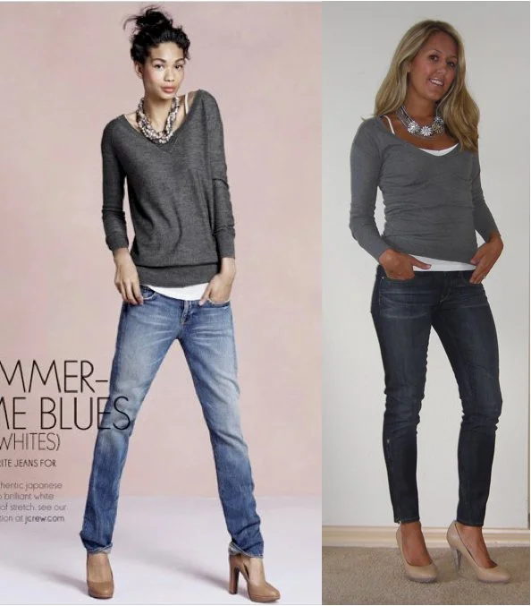 Occasion: Casual Friday Sweater: American Eagle, $25 Tank: Old Navy, $3 Jeans: Gap, $44 Shoes: Banana Republic, $22 Necklace: Stella & Dot, c/o of Denee Brochardt ( http://www.stelladot.com/sites/deneeb ) Photo left: My inspiration from JCrew.com 