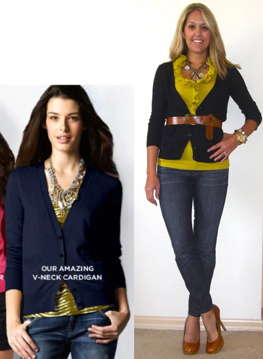 Occasion: Casual Friday Inspiration photo: LOFT Navy cardigan: Gap, $15 Shirt: J.Crew, $25 Belt: H&M, $20 Necklace: Banana Republic, $30 Jeans: Gap, $44 Shoes: Restricted/Endless.com, $39 Watch: Michael Kors, family gift ( http://amzn.to/p3tIQV ) Bracelet: Forever 21, $10